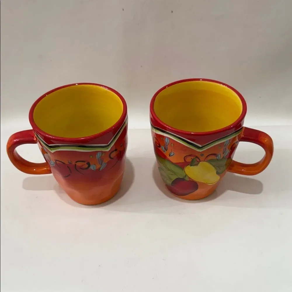Pier 1 Vibrant Pasilla Red Yellow  2 Mug Set Vintage Pepper Design 3 In Round